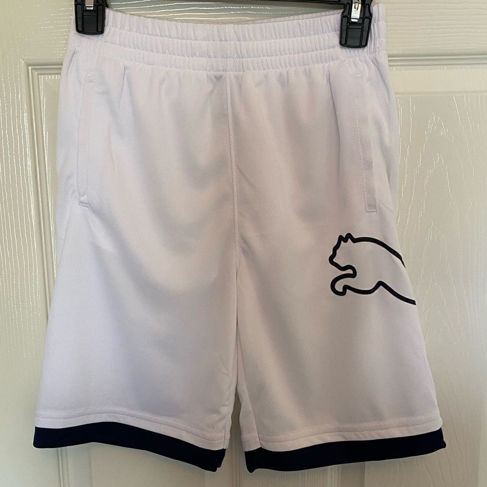 PUMA Boys Graphic Wrap Logo Mesh White Shorts with Blue Trim